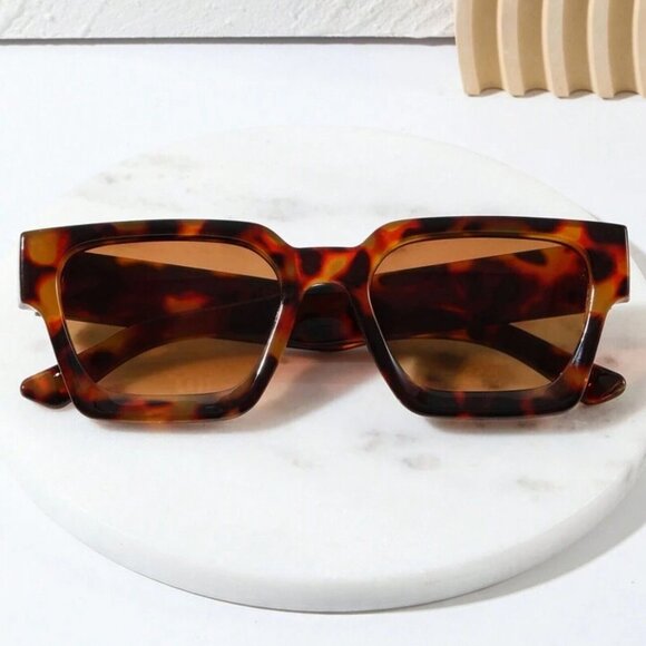 Retro Thick Square Frame Leopard Women Men Rectangle Y2K Brown Tint Sunglasses - Picture 2 of 8